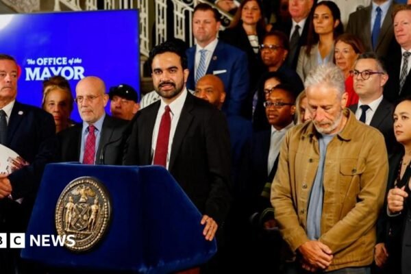 New York City Mayor Mamdani and actor and activist Jon Stewart attend a press conference, releasing more than 170,000 pages of previously unreleased records related to air quality in the aftermath of the 11 September 2001 attacks