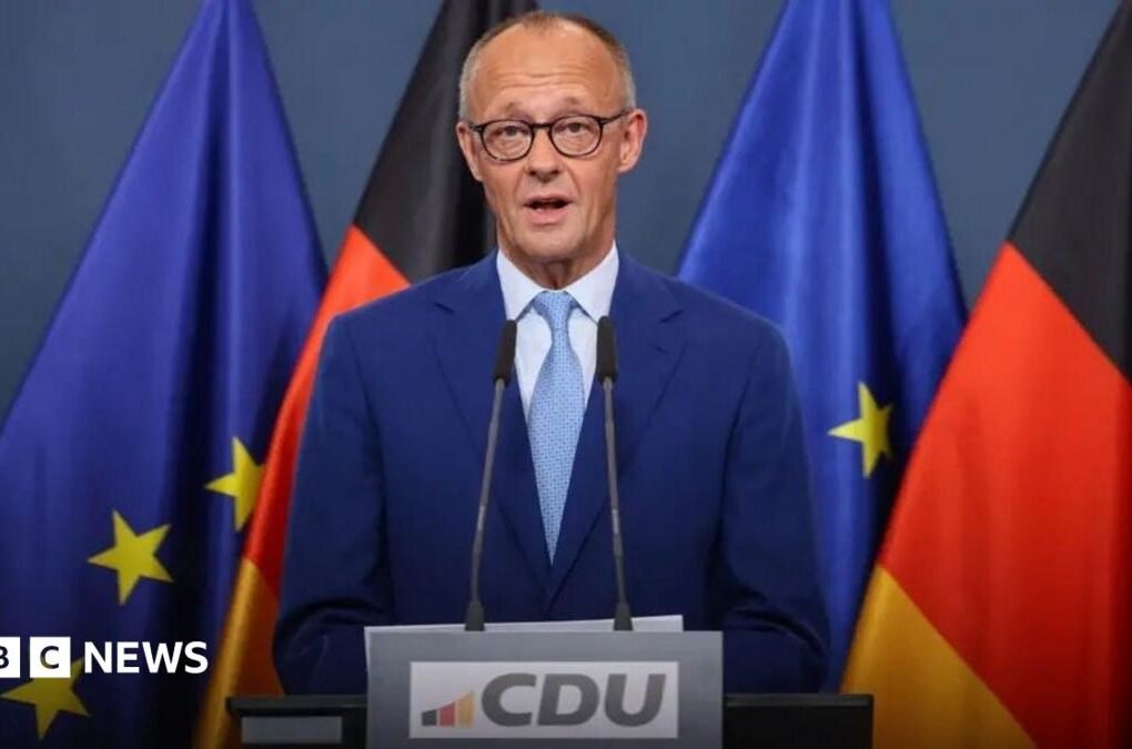 German Chancellor Friedrich Merz gives a statement after first exit polls of the Berlin and Mecklenburg Western Pomerania state elections, at the CDU headquarters in Berlin