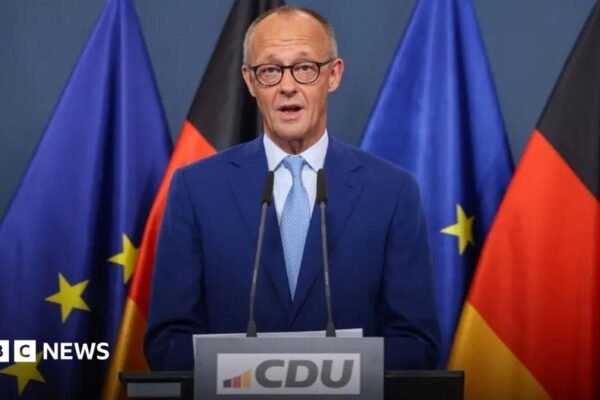 German Chancellor Friedrich Merz gives a statement after first exit polls of the Berlin and Mecklenburg Western Pomerania state elections, at the CDU headquarters in Berlin