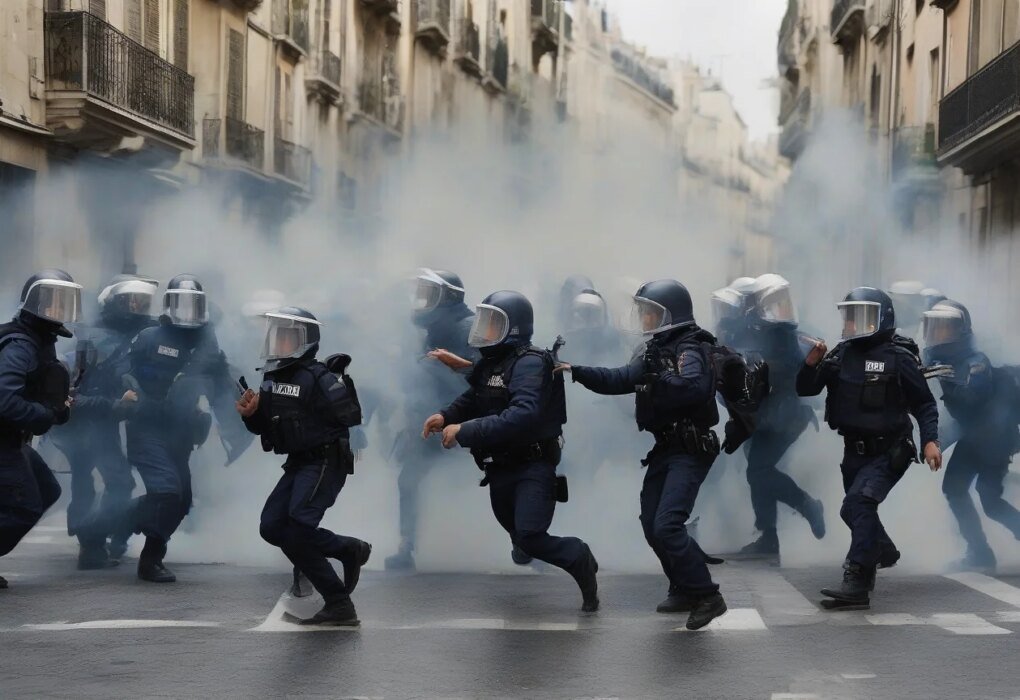 Composite image of peaceful protesters and a bin set on fire in Paris