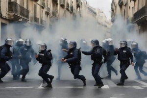 Composite image of peaceful protesters and a bin set on fire in Paris